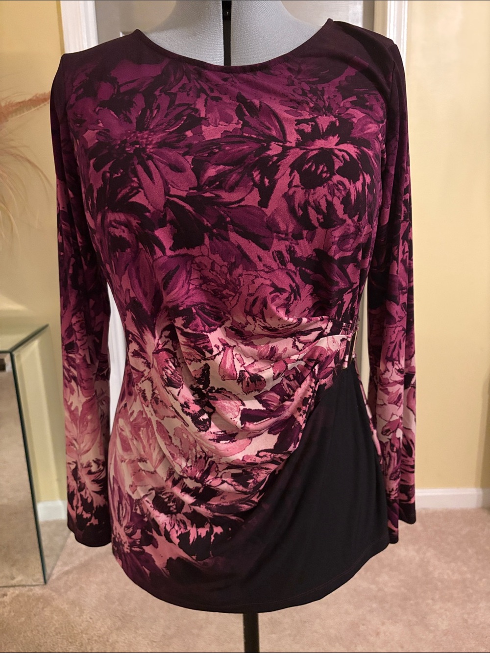 Floral Ombre Long Sleeve Top - Plum & Pink; Draped/Cinched Waist